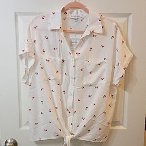 Chic White Button-Down Shirt with Cherry Print